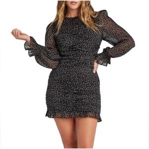 VICI Black Polka Dot Ruched Mini Dress Long Sleeve Ruffle Hem Medium‎